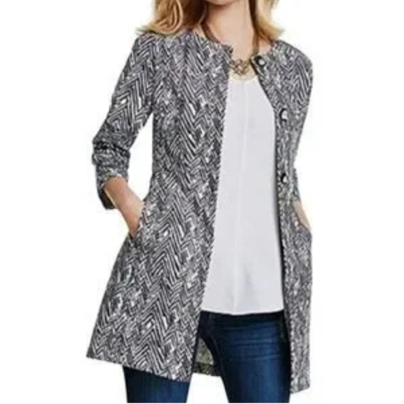 Cabi Grey White 3/4 Sleeve Chevron Print Ponte Knit Blazer Jacket L - Picture 1 of 11